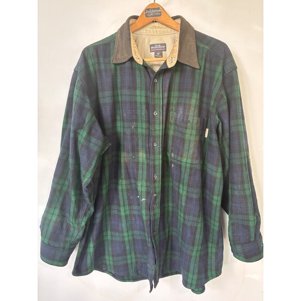 Woolrich Flannel Shirt Plaid Green Blue Corduroy Collar Elbow Patches. Mens 2XL